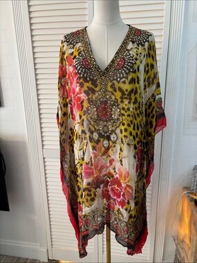 Ranees V-Neck Floral & Leopard Print Tunic Top - Pink, Yellow, XXL